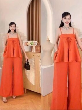 Orange Wide-Leg Jumpsuit Set - Women's Two-Piece